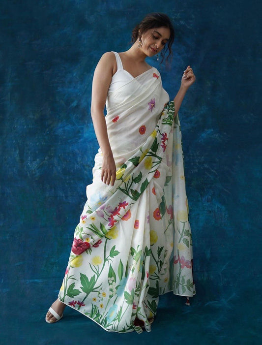 Keerthy Floral Digital Print Linen Saree