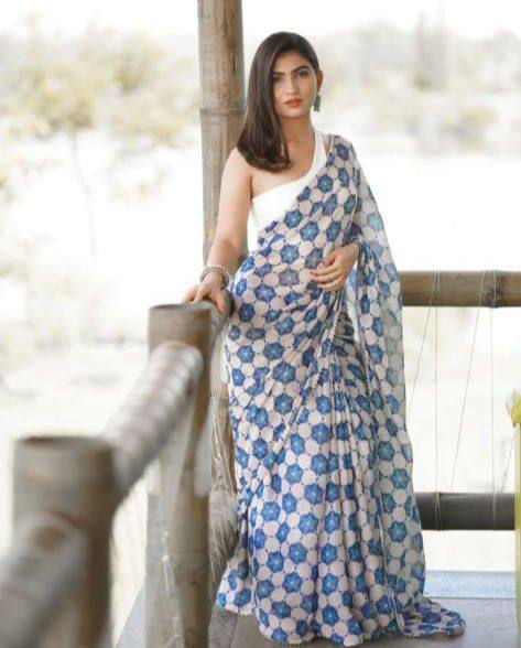 White-Blue Geometrical Georgette Sequence Work Saree